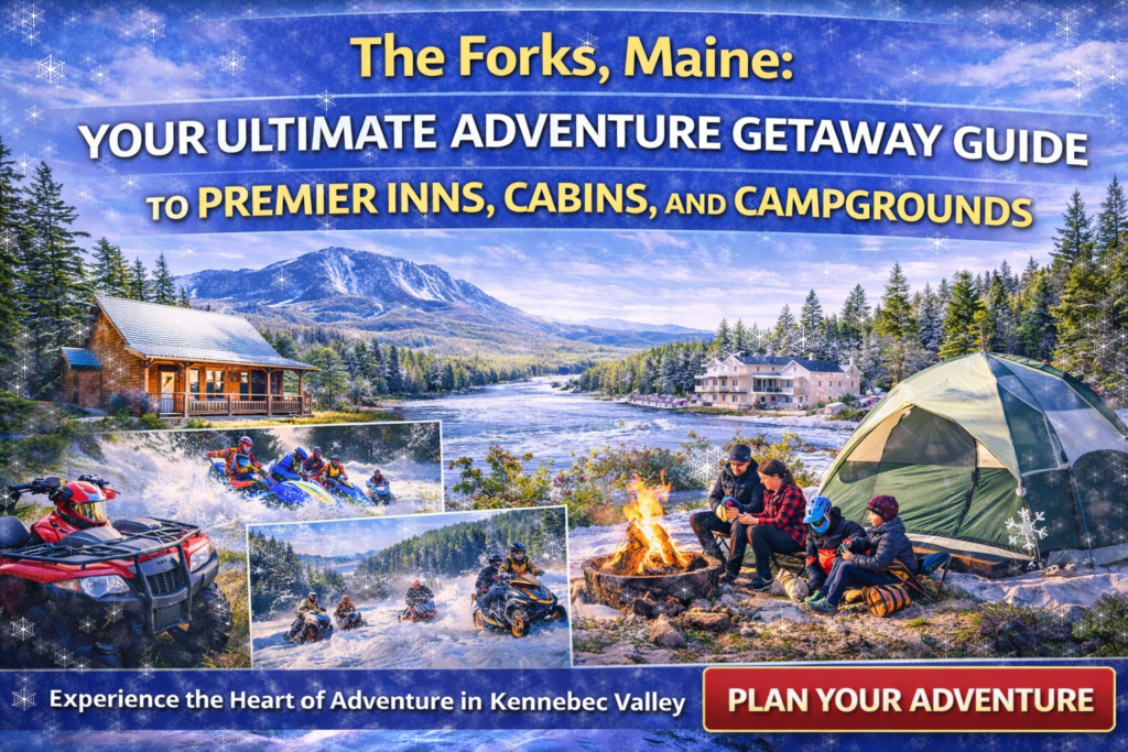 Snow-covered cabins and lodges along the Kennebec River in The Forks, Maine, surrounded by mountains and winter wilderness in the Kennebec Valley.