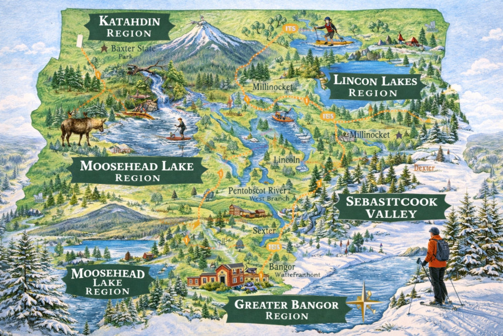 llustrated map of The Maine Highlands showing Moosehead Lake, Mount Katahdin, Bangor, lakes, rivers, mountains, and outdoor recreation areas in central and northern Maine.