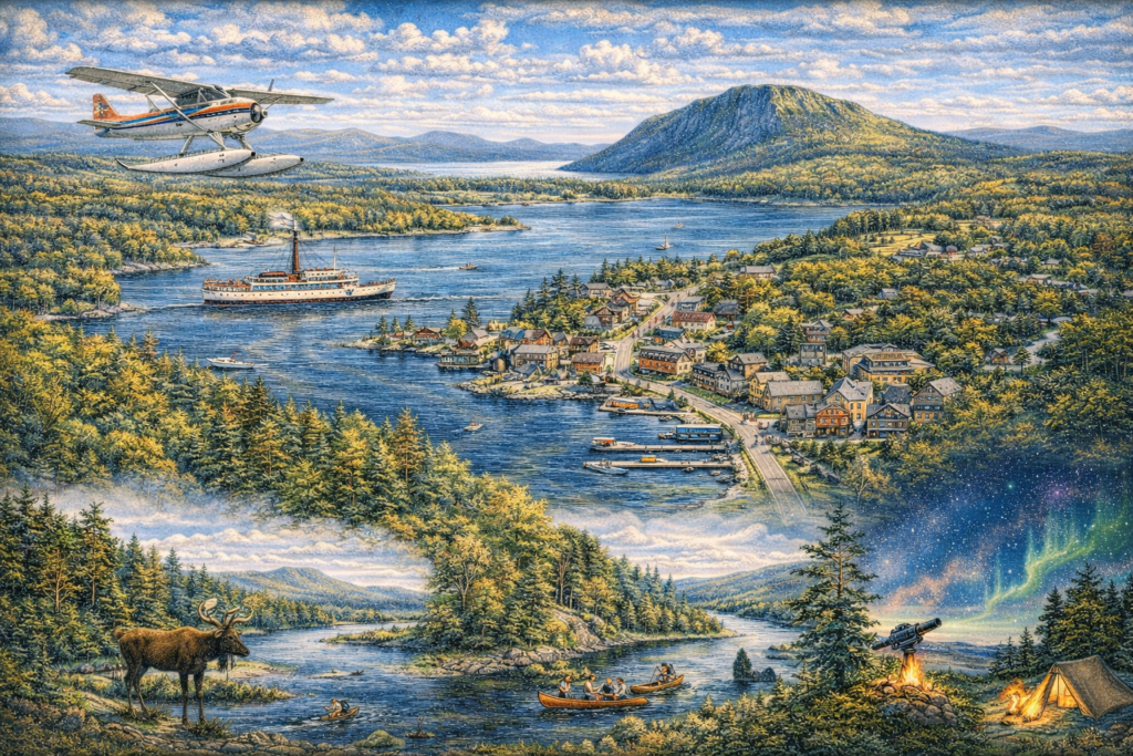 High-resolution 16:9 illustrated aerial map of Greenville, Maine featuring Moosehead Lake, Mount Kineo, a seaplane in flight, Katahdin steamboat cruise, downtown village waterfront, moose wildlife, canoeing, hiking trails, and Northern Lights over the North Woods.