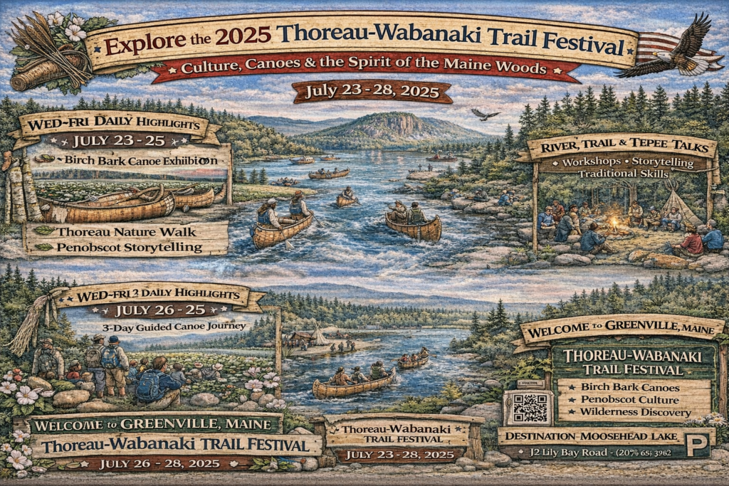 Illustrated 16:9 event map of the 2025 Thoreau-Wabanaki Trail Festival in Greenville, Maine featuring Moosehead Lake, Mount Kineo, birch bark canoes, Penobscot cultural demonstrations, storytelling gatherings, and North Woods wilderness scenery.