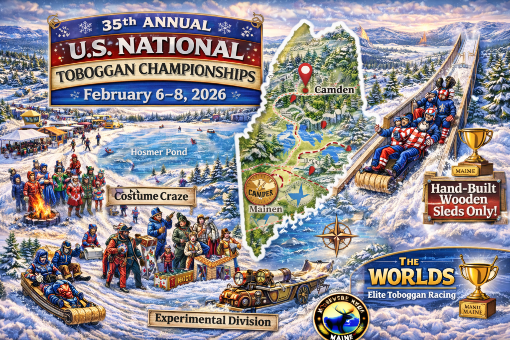 Illustrated 16:9 map of the 35th Annual U.S. National Toboggan Championships 2026 at Camden Snow Bowl, featuring the 400-foot toboggan chute, Hosmer Pond, costumed teams, wooden sled racing, and Moosehead News logo.
