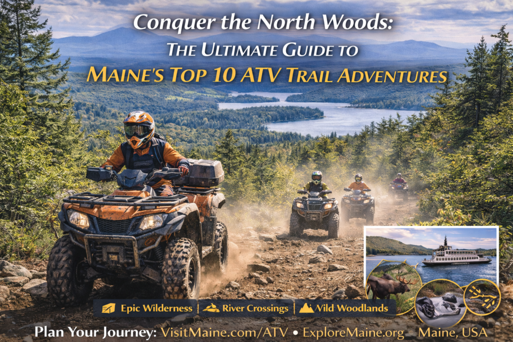 ATV riders navigating a forest trail in Maine’s North Woods with mountains, evergreen trees, and rugged terrain under a clear sky