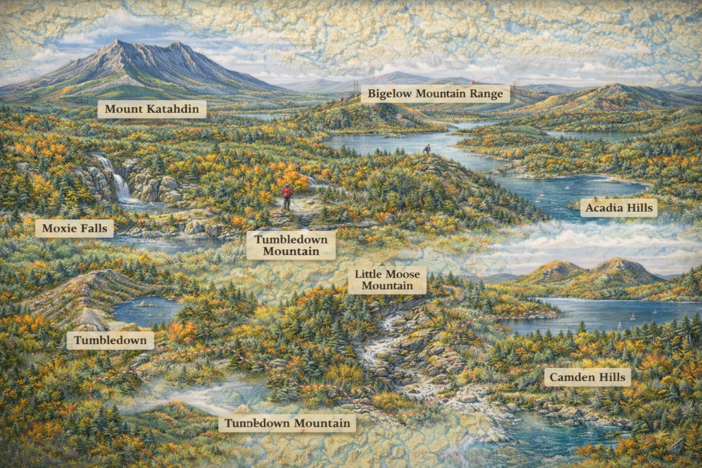 Illustrated 16:9 map of Northern Maine hiking trails featuring Mount Katahdin, Bigelow Range, Gulf Hagas, Moxie Falls, Tumbledown Mountain, Camden Hills, and Acadia coastline in vibrant fall foliage.