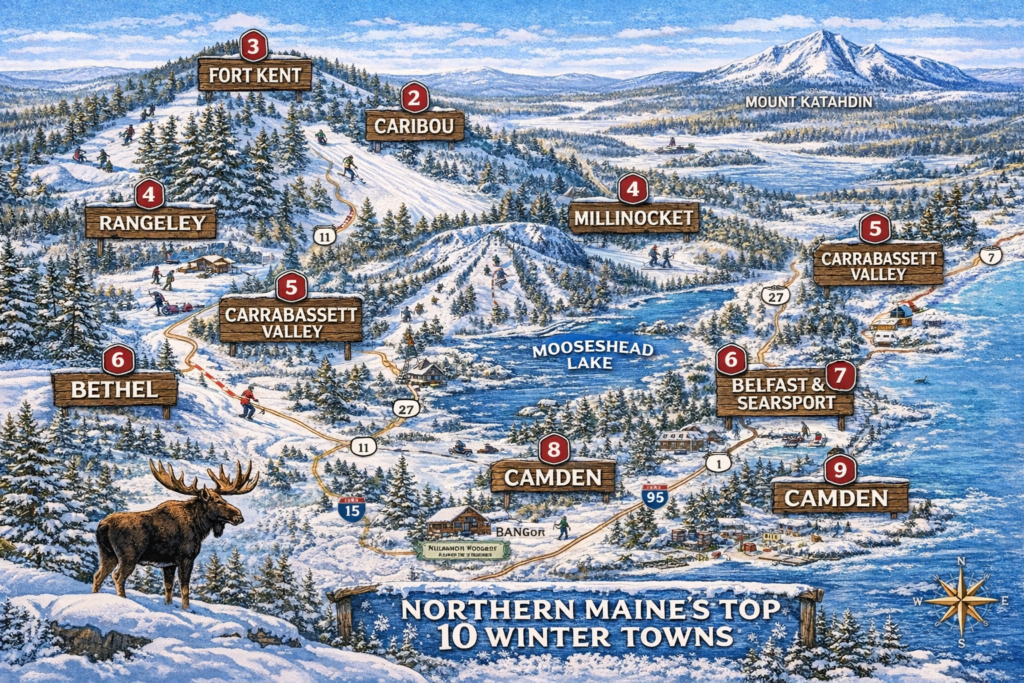 Illustrated winter map highlighting Northern Maine’s top towns for snowmobiling, skiing, snowshoeing, and cold-weather adventures, including Moosehead Lake, Rangeley, Carrabassett Valley, Millinocket, and Aroostook County.