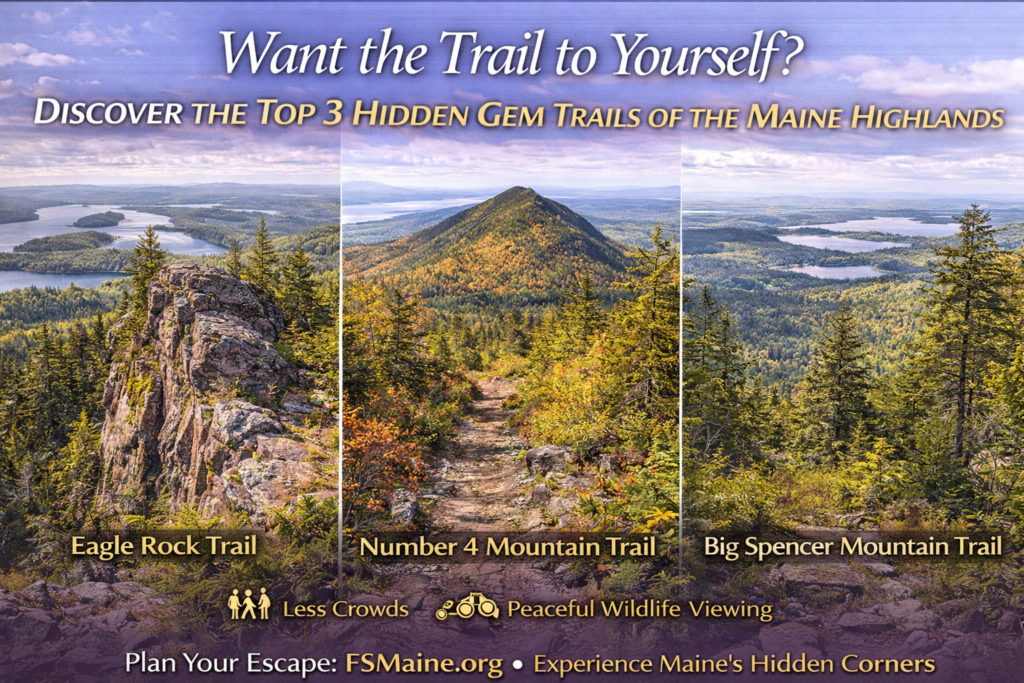 anoramic view of a quiet forest hiking trail in the Maine Highlands with mountain ridgelines and untouched wilderness near Moosehead Lake.