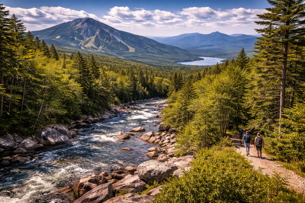 Panoramic mountain landscape in Carrabassett Valley, Maine with rugged peaks, forested hills, and pristine wilderness under clear skies