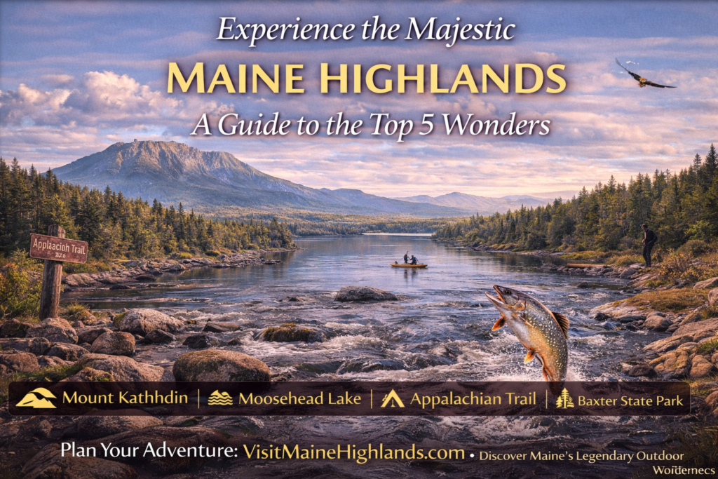 Maine Highlands landscape featuring Mount Katahdin, Moosehead Lake, forests, and rivers showcasing the top natural wonders of northern Maine