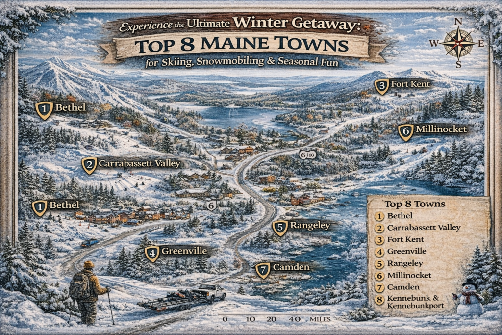 Illustrated winter map of Maine highlighting top towns for skiing, snowmobiling, and winter adventures, surrounded by snow-covered mountains, frozen lakes, and forested terrain.