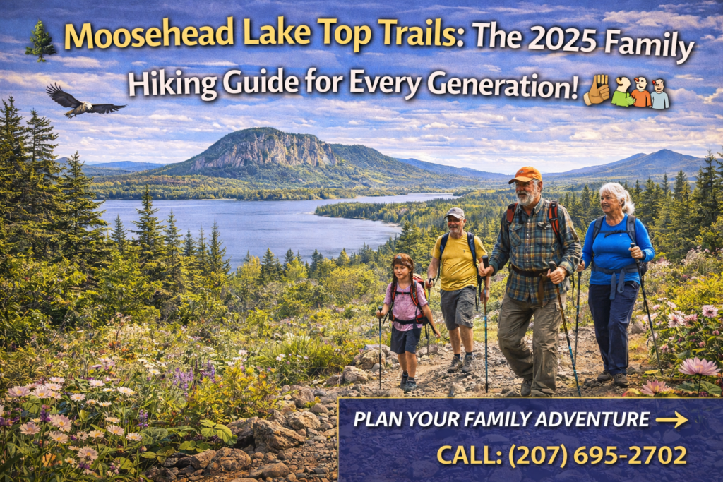 Multi-generational family hiking a scenic trail above Moosehead Lake with Mount Kineo in the background during spring in Maine.