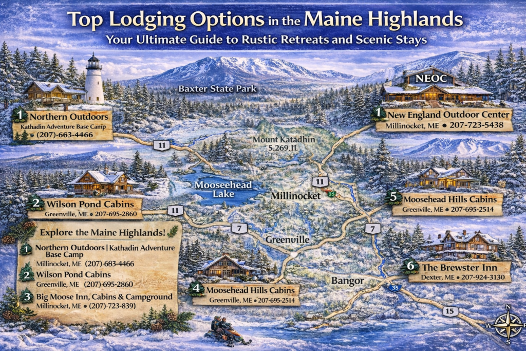 Illustrated map highlighting top lodging options across Maine Highlands including Moosehead Lake, Baxter State Park, Millinocket, and Greenville with cabins, inns, and scenic stays.