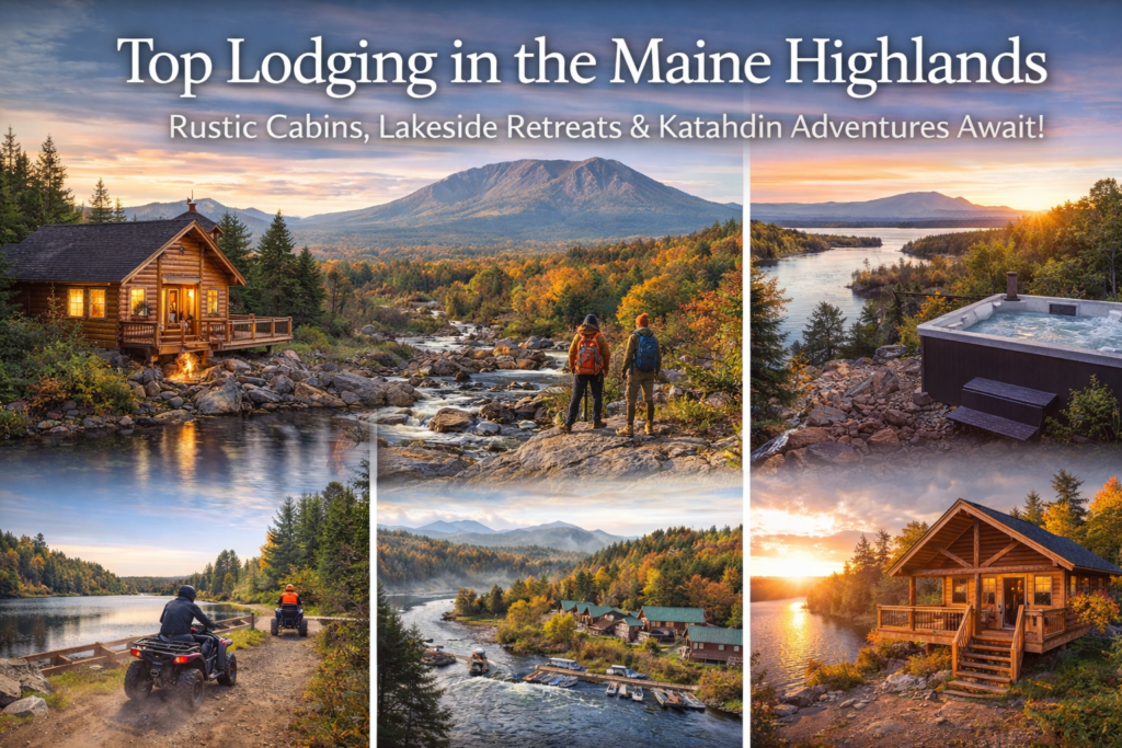 Scenic 16:9 composite image of Maine Highlands lodging featuring rustic log cabins, Moosehead Lake waterfront retreats, Mount Katahdin hiking views, and fall foliage adventure landscapes in Northern Maine.