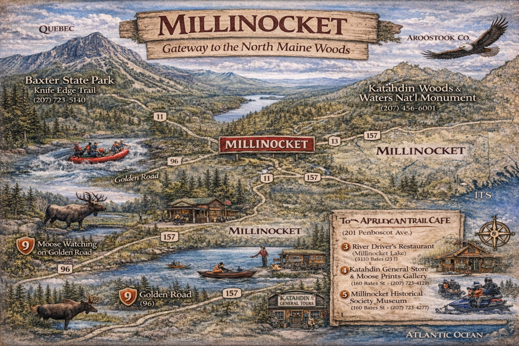 Illustrated map of Millinocket, Maine showing Mount Katahdin, Baxter State Park, Katahdin Woods and Waters National Monument, the Penobscot River, and surrounding North Woods scenery.