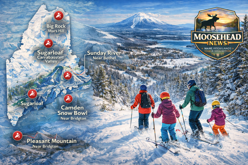Family skiing on snowy mountain in Maine with illustrated map of top ski resorts including Sugarloaf, Sunday River, Big Rock, Camden Snow Bowl, and Pleasant Mountain, featuring Moosehead News logo.