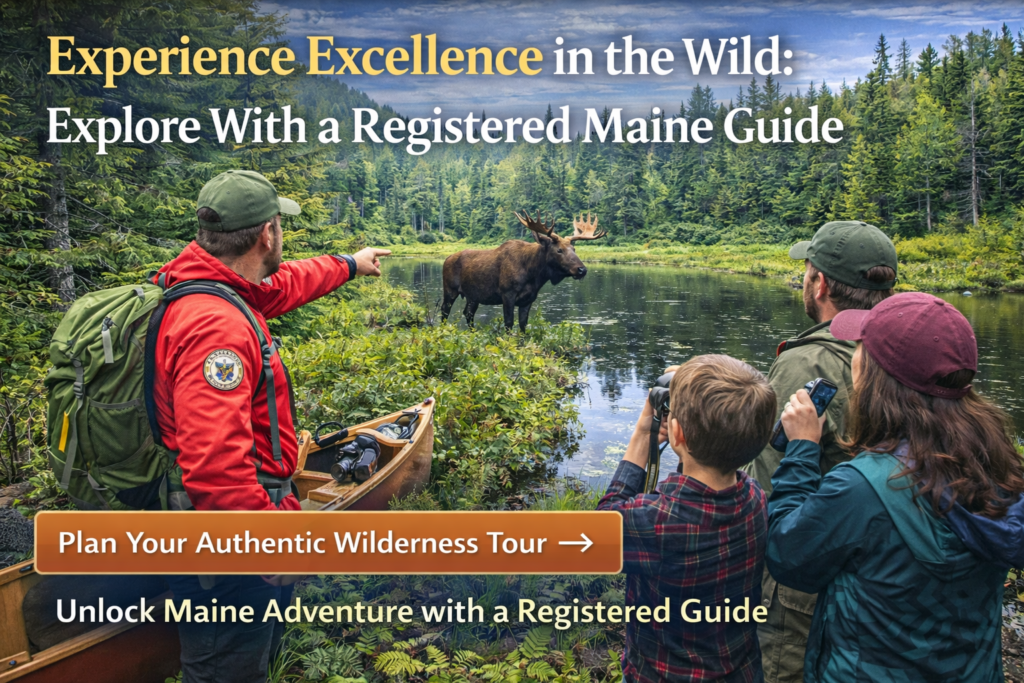 Registered Maine Guide leading a small group on a scenic Moosehead Lake wilderness tour in the Maine Highlands with mountains, forest, and calm water under bright summer skies.
