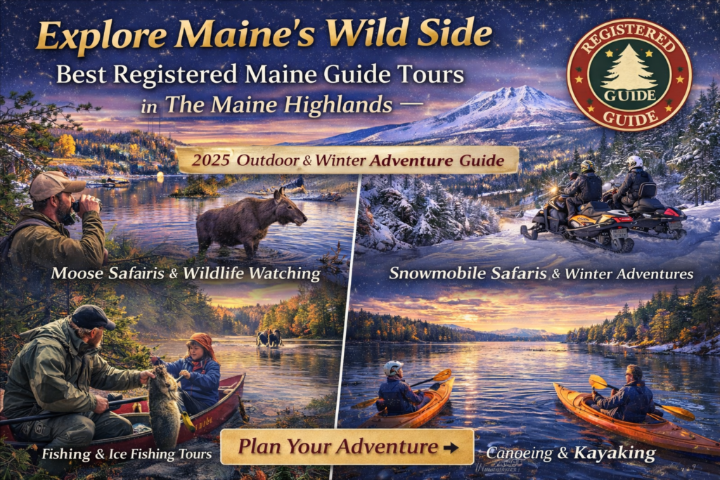 Explore Maine’s Wild Side promotional image featuring Registered Maine Guide tours in the Maine Highlands including moose safari, snowmobiling, fishing, and kayaking near Moosehead Lake.