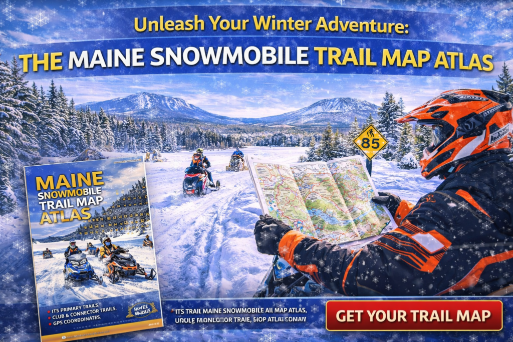 Snowmobiles riding groomed Maine ITS trails through snowy forests and mountains with trail map overlay in winter.