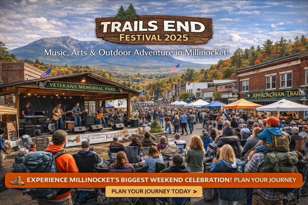 Crowd gathered at Veterans Memorial Park in downtown Millinocket during Trails End Festival 2025, with live band performing on stage and Mount Katahdin surrounded by early fall foliage in the background.