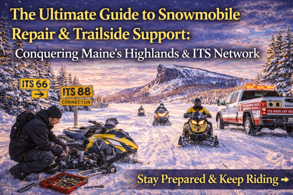 Snowmobile repair technician servicing sled on ITS 66 in Maine Highlands near Mount Kineo with riders on groomed ITS trails at sunset.