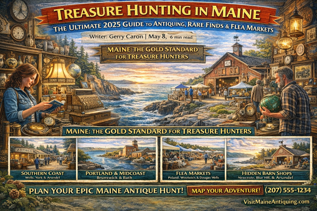 Vibrant 16:9 promotional illustration of antique shopping in Maine featuring a coastal barn antique shop overlooking the Atlantic, vintage clocks and rare books, flea market tents, collectors browsing furniture, and scenic Route 1 shoreline.