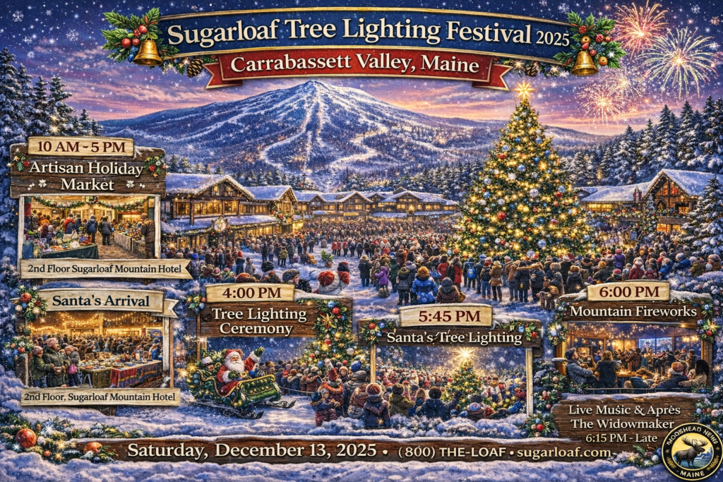 Sugarloaf Tree Lighting Festival 2025 in Carrabassett Valley Maine featuring a giant illuminated Christmas tree, fireworks over Sugarloaf Mountain, holiday artisan market, Santa arrival, and festive winter crowd at the base lodge.