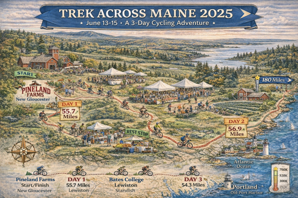 Illustrated 2025 Trek Across Maine cycling route map showing 180-mile course from Pineland Farms in New Gloucester to Bates College, St. Joseph’s College, and back, with coastal scenery and rest stops.