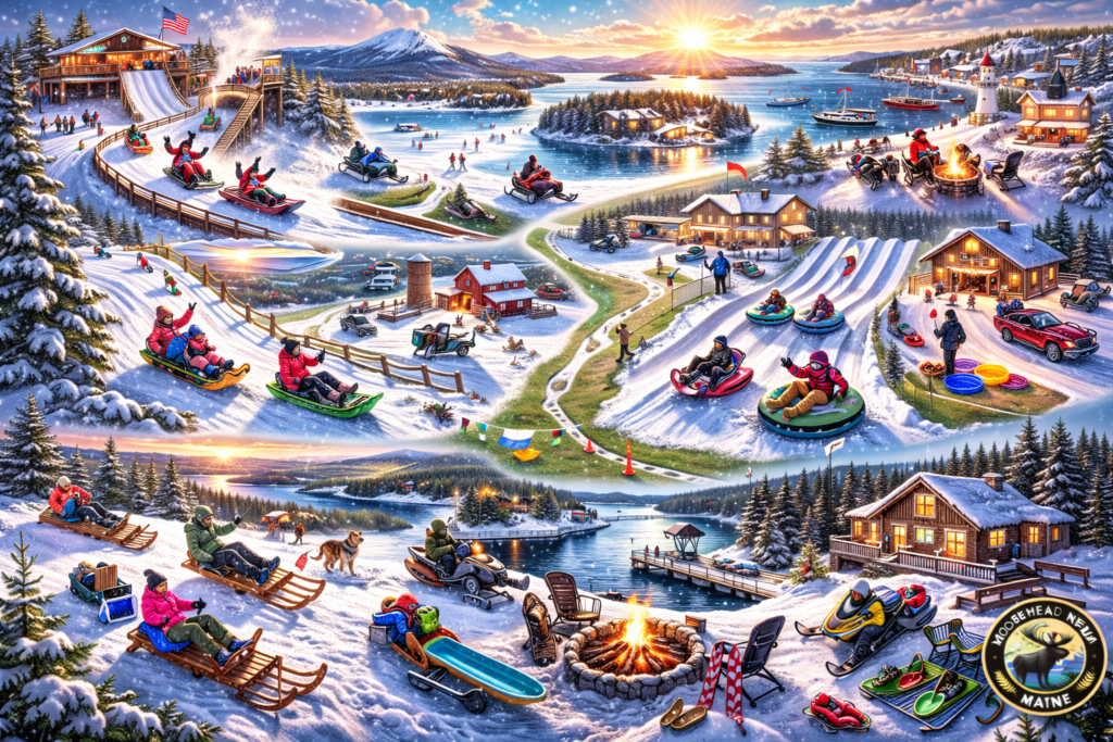 Families sledding and tobogganing across iconic Maine winter hills including Camden Snow Bowl, tubing parks, frozen lakes, and scenic coastal mountains during the 2026 winter season.