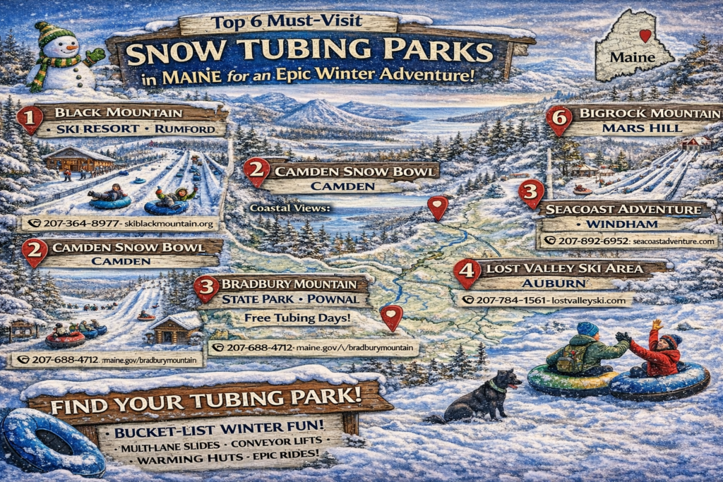 Illustrated winter map highlighting six top snow tubing parks in Maine, featuring tubing lanes, conveyor lifts, warming huts, and families enjoying snow tubing at Black Mountain Ski Resort, Camden Snow Bowl, Bradbury Mountain State Park, Seacoast Adventure, Lost Valley Ski Area, and BigRock Mountain.