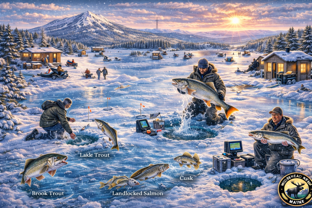 Ice fishing on Moosehead Lake in Rockwood Maine with anglers in heated shacks targeting togue and brook trout beneath Mount Kineo during the 2026 winter season.