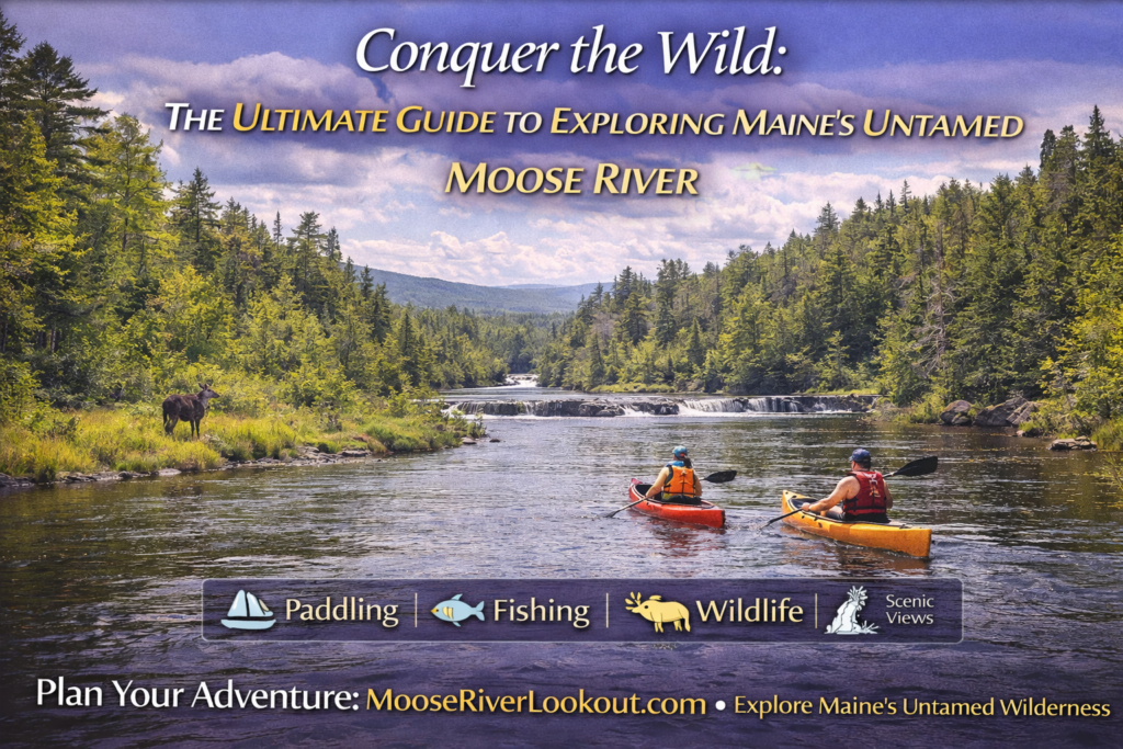 Moose River winding through remote Maine wilderness with forested banks and calm water in the Maine Highlands