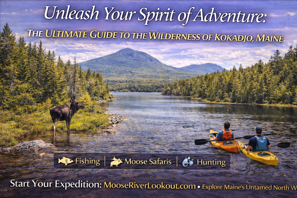 Remote wilderness landscape in Kokadjo, Maine featuring pristine lakes, dense North Woods forest, and Moosehead Lake backcountry scenery.