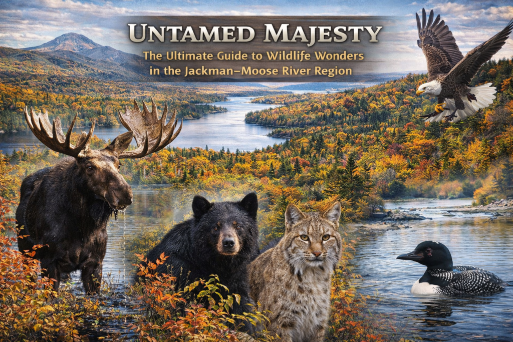 Wild moose standing in a marsh along the Moose River in the Jackman–Moose River region of Maine, surrounded by autumn forest and northern wilderness.