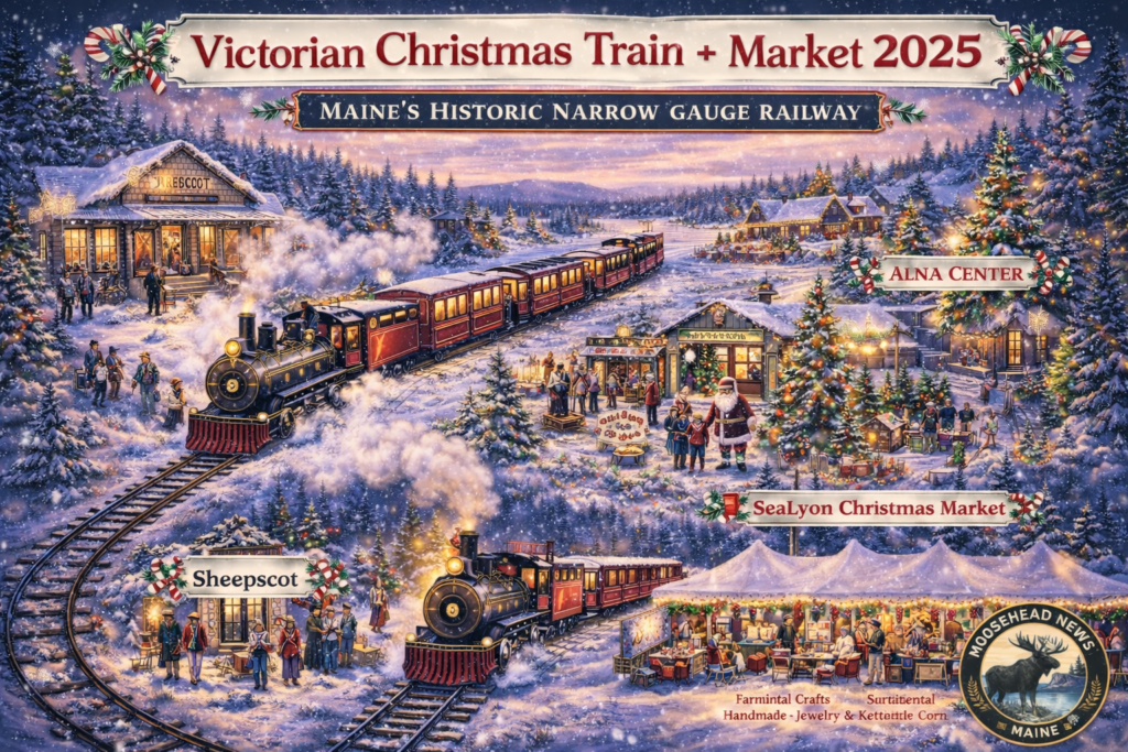 Victorian Christmas Train + Market 2025 at Maine’s Historic Narrow Gauge Railway in Alna featuring steam locomotive, Sheepscot Station, SeaLyon Christmas Market, Santa visit, and snowy holiday village scene.