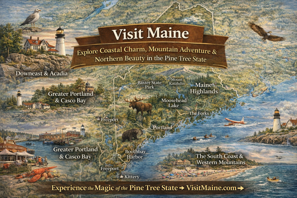 Illustrated 16:9 map of Maine highlighting Acadia National Park, Portland Head Light, Moosehead Lake, Mount Katahdin, MidCoast harbors, and Western Mountains with vibrant coastal and wilderness scenery.