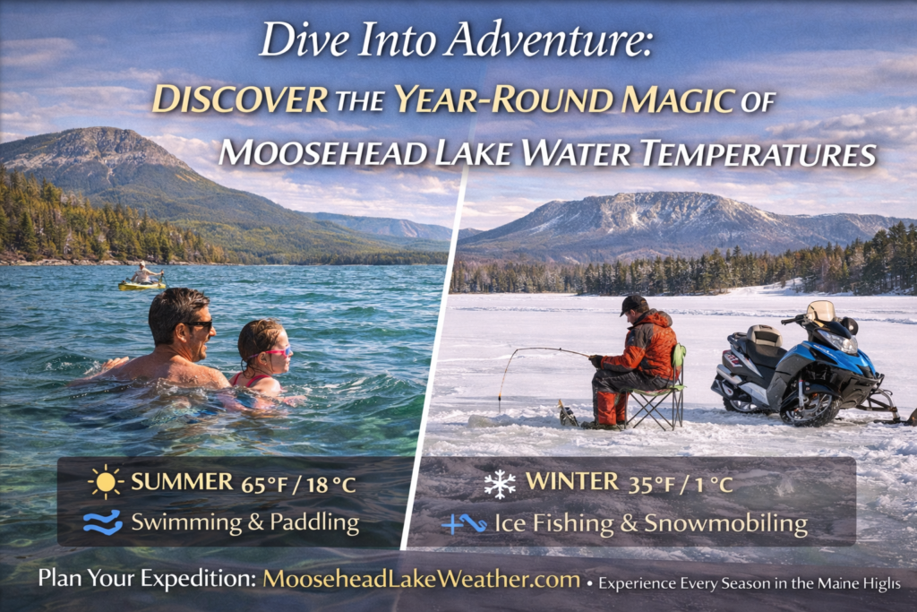 Moosehead Lake in Maine showing seasonal water conditions, with summer swimming and boating scenes contrasted against winter ice fishing and snowmobiling in the Maine Highlands.