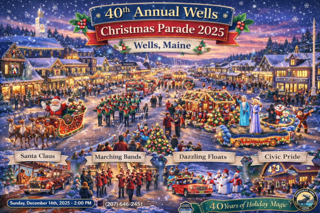 Illustrated 16:9 festive map of the 40th Annual Wells Christmas Parade 2025 along Route 1 in Wells, Maine, featuring illuminated floats, Santa Claus, coastal storefronts, and holiday fireworks with small Moosehead News logo.