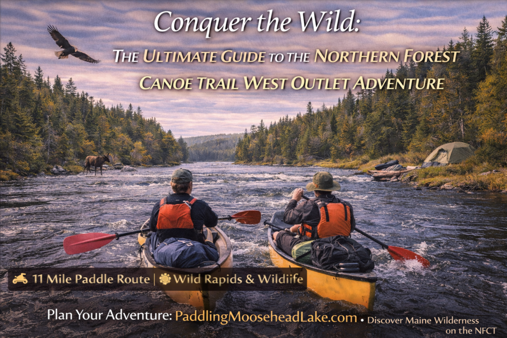 Two kayakers paddling the West Outlet of the Kennebec River along the Northern Forest Canoe Trail near Moosehead Lake, Maine, surrounded by forested shoreline and calm wilderness waters.