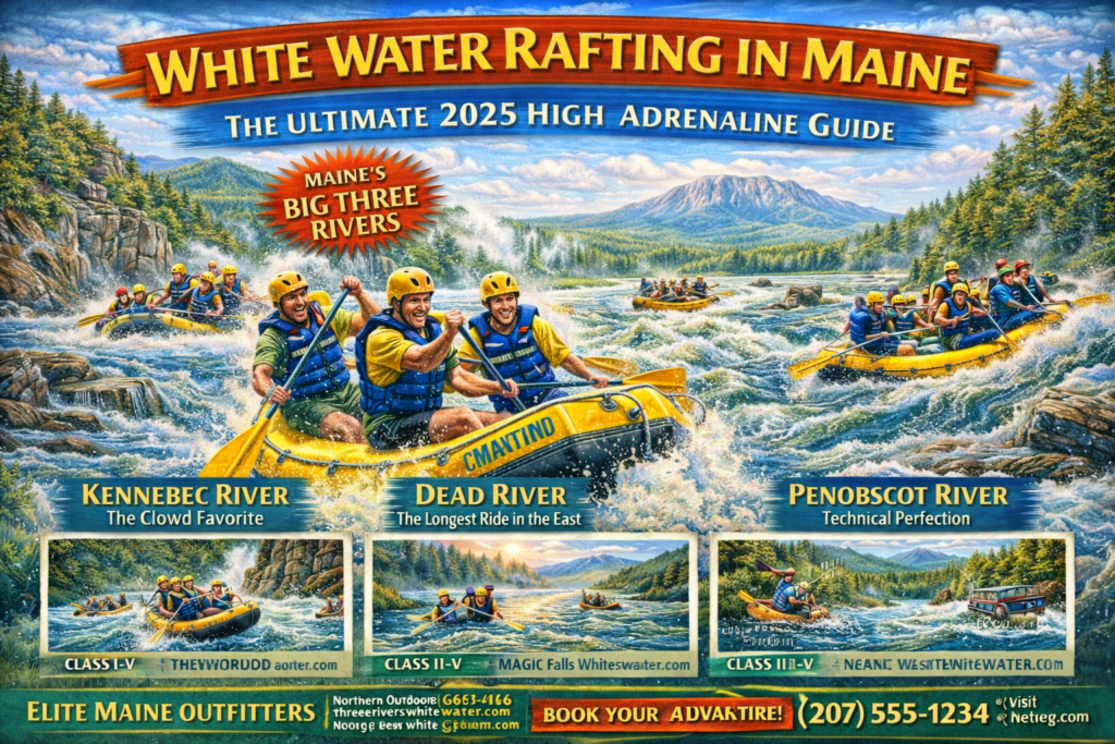 Vibrant 16:9 promotional illustration of white water rafting in Maine featuring rafters navigating Class V rapids in a granite gorge, scenic North Woods forests, Mount Katahdin in the distance, and guided rafting tours on the Kennebec, Dead, and Penobscot Rivers.