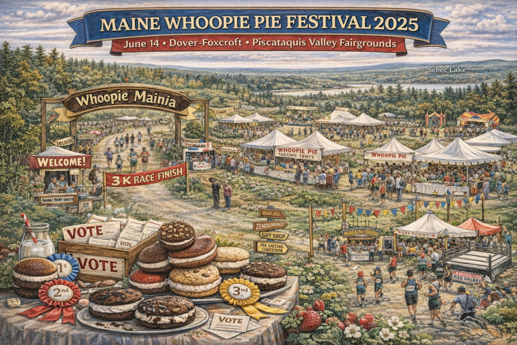 Illustrated 16:9 map of the Maine Whoopie Pie Festival 2025 at Piscataquis Valley Fairgrounds in Dover-Foxcroft, Maine, featuring tasting tents, 3K race route, live music stage, kids zone, parking areas, and scenic Highlands landscape.