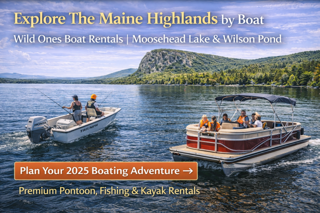 Bennington pontoon boat cruising on Moosehead Lake near Mount Kineo with calm waters and forested shoreline in Greenville, Maine during summer.