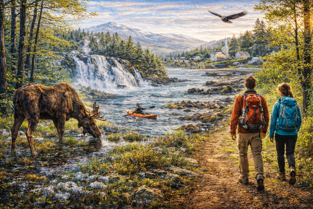 Spring adventure scene in Maine showing hikers on a forest trail, a moose feeding near a bog, a kayaker paddling a snowmelt river below a waterfall, and a quiet coastal village under fresh green foliage and migrating birds.