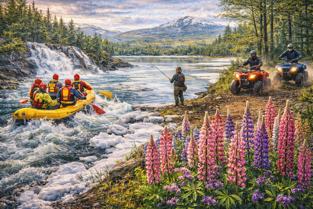 Spring outdoor adventure scene in Maine showing white-water rafting during spring runoff, an angler fishing at ice-out on a thawing lake, ATV riders on a forest trail, blooming lupines in the foreground, and snow-capped mountains transitioning into green spring forests.