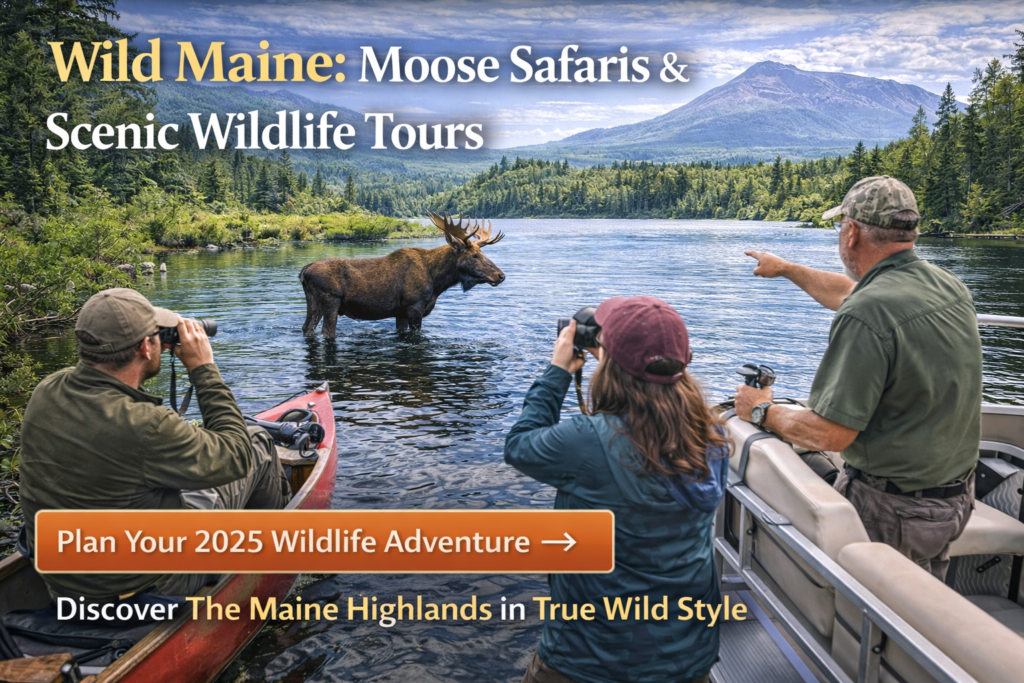 Bull moose standing in a Maine lake during a guided wildlife safari near Mount Katahdin, photographed from a canoe and pontoon boat in The Maine Highlands.