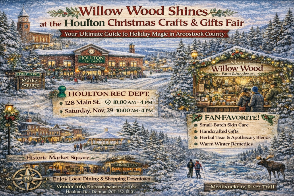 Willow Wood Farm at Houlton Christmas Crafts and Gifts Fair 2025 illustrated winter map featuring Houlton Recreation Center and Historic Market Square in Aroostook County Maine.