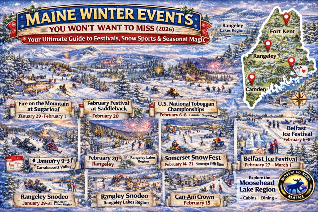 Illustrated 16:9 map of Maine Winter Events 2026 featuring Sugarloaf Fire on the Mountain, Rangeley Snodeo, U.S. National Toboggan Championships in Camden, Somerset SnowFest, Belfast Ice Festival, and Can-Am Crown sled dog race with Moosehead News logo.