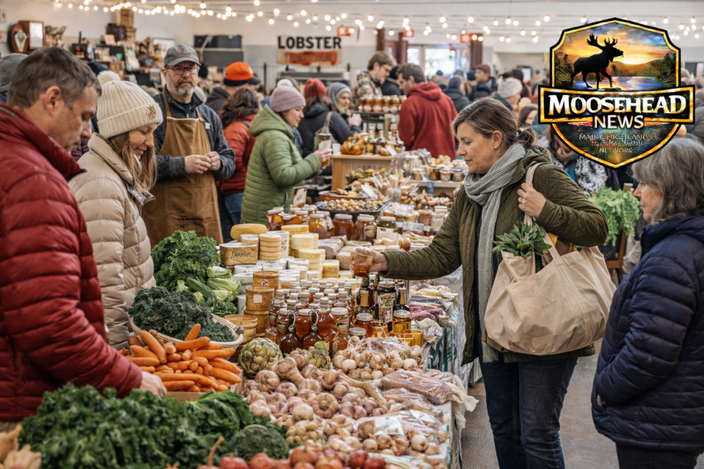 Indoor Maine winter farmers market with local produce, maple syrup, artisan breads, cheeses, and shoppers browsing vibrant vendor booths, featuring Moosehead News logo.