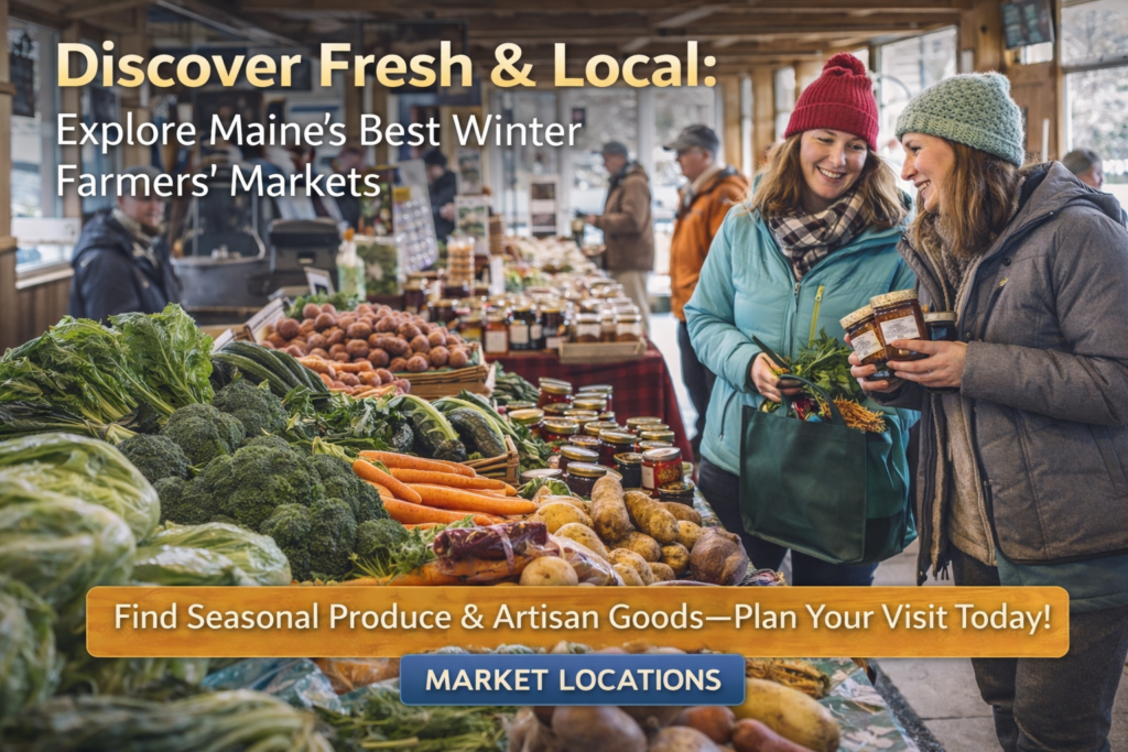 Indoor winter farmers’ market in Maine featuring local produce, baked goods, maple syrup, and shoppers browsing vendor tables in a cozy seasonal setting
