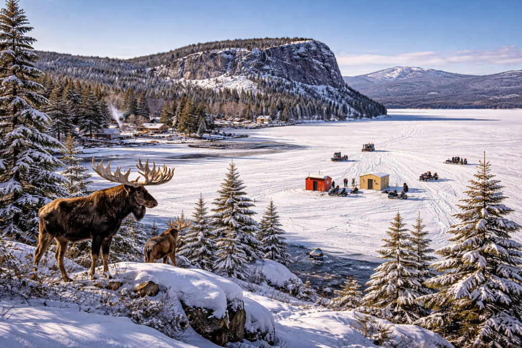 Winter activities on Moosehead Lake in Maine with snowmobiles, ice fishing shacks, frozen shoreline, and mountain views under clear blue skies.