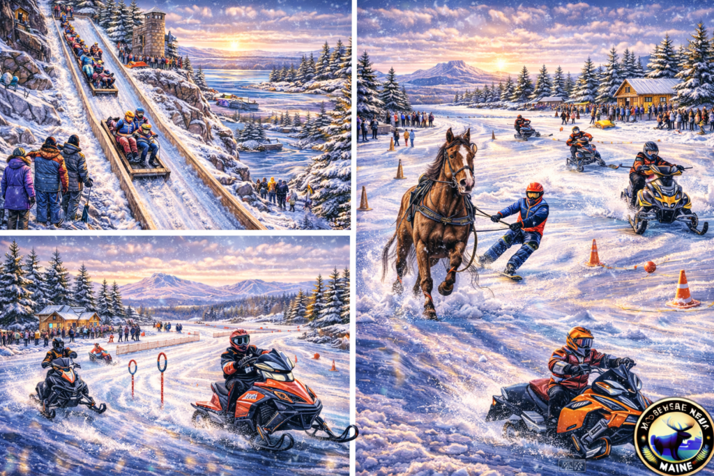 Panoramic 16:9 winter collage of Maine Winter Racing 2026 featuring Camden Snow Bowl toboggan chute, skijoring horse race in Bangor, and snowmobile action on a frozen lake with Moosehead News logo.
