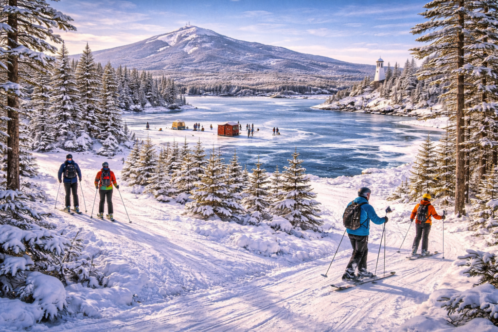Snow-covered Maine state park landscape featuring winter trails, frozen lakes, evergreen forests, and mountain scenery during peak winter season.