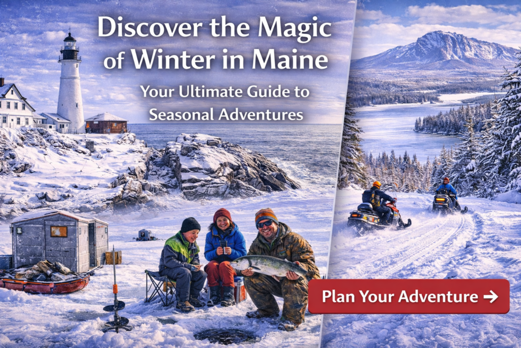 Snow-covered Maine winter landscape featuring snowmobiling, ice fishing, skiing, and scenic mountains under a clear blue sky.